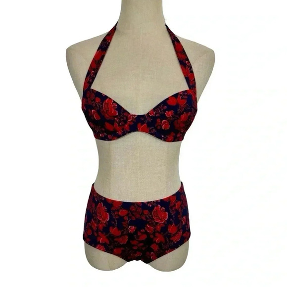 Pret-a-Surf Retro Halter Two Piece Bikini Bathing Suit in Red Blue Floral Toile - Picture 7 of 11
